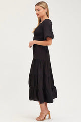 Black Shirred Dress Short Sleeve Maxi