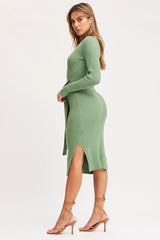 Green Tie Waist Dress Long Sleeve Midi