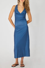 Blue Polka Dot Halter Neck Midi Dress