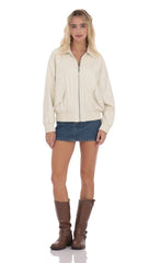 Woven Faux Leather Bomber Jacket in Ivory