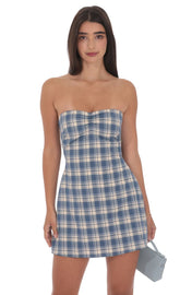 Blue Strapless Plaid Dress