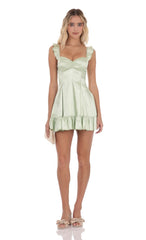 Pastel Green Satin Ruffle Fit-and-Flare Dress