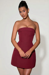 Foldover-Neck Strapless Structured A-Line Mini Dress in Wine Red