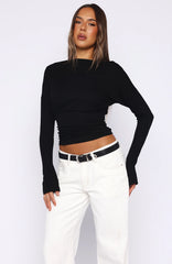 Another Time Cinched Waist Long Sleeve Top Black