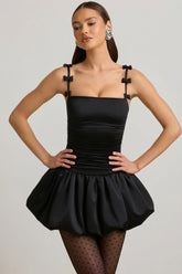 Bow-Detail Ruched Bubble Hem Mini Dress in Black