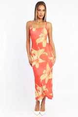 Orange Floral Bodycon Dress Maxi Mesh