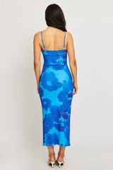 Blue Floral Bodycon Dress Cowl Neck Maxi