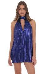 Blue Metallic Pleated Shift Dress
