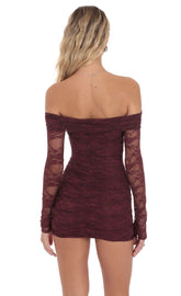 Off-the-Shoulder Long-Sleeve Lace Dress in Burgundy