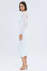 White Midi Dress Long Sleeve Square Neck Ruched Bodycon