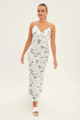 Blue Abstract Midi Dress Sleeveless V Neck Printed Satin