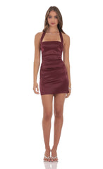 Wine Satin Halter Bodycon Dress