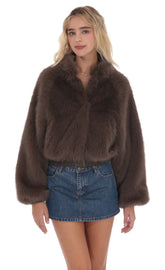 Faux Fur Bomber Jacket in Espresso