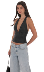 Metallic Plunge Neck Top in Black
