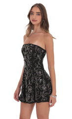 Black Sequin Beaded Strapless Flare Dress