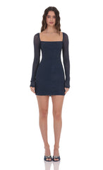 Rhinestone Long Sleeve Dress in Navy