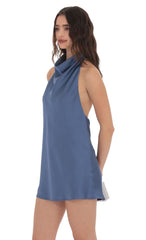 Satin Halter Open Back Dress in Navy