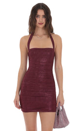 Ruched Foil Mesh Bodycon Dress in Burgundy