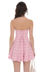 Plaid Corset Strapless Dress in Pink