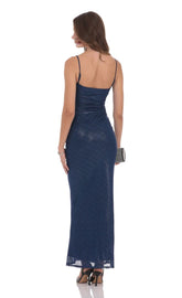 Navy Foil Mesh Bodycon Maxi Dress