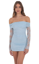 Off Shoulder Long Sleeve Lace Dress in Light Blue
