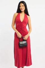 Red Halter Neck Midi Dress
