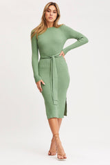 Green Tie Waist Dress Long Sleeve Midi