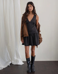 Distia Plunge Puff Mini Dress in Black