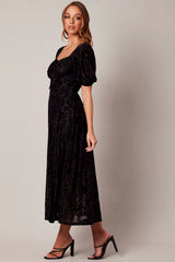 Black Midi Dress Short Sleeve Side Split