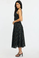 Black Ditsy Midi Dress Gathered Bust