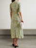 Embellished gathered pleated floral-print crepe turtleneck midi dress