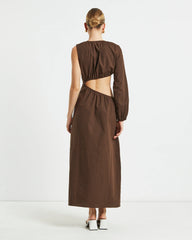 Isobel One Shoulder Cut Out Midi Dress in Chocolate