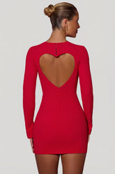 Cut-Out Heart-Detail Bodycon Mini Dress in Red