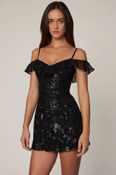 Embellished Lace-Up A-Line Mini Dress in Black