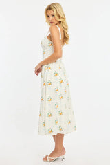 White Floral Midi Dress Gathered Bust Lace Trim
