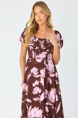 Purple Floral Midi Dress Puff Sleeve