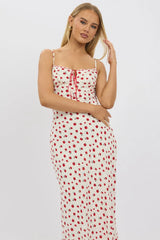 Red Ditsy Maxi Dress Lace Satin Tape