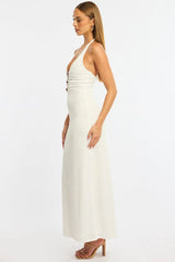 White Maxi Dress Beading Trim Textured Fabric