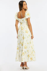 Yellow Floral Maxi Dress Puff Sleeve