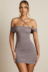 Off-Shoulder Draped Mini Dress in Steel Grey