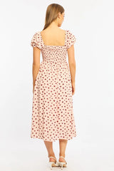 Pink Ditsy Midi Dress Puff Sleeve