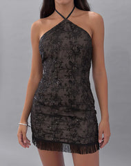 Soren Mini Dress in Floral Chiffon Sequin Black