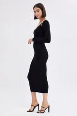 Black Midi Dress Long Sleeve Sweetheart Contrast Bind