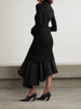 Asymmetric satin-trimmed ribbed-knit turtleneck midi dress