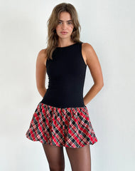 Ortega Mini Dress in Black with Diagonal Check Red
