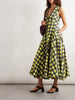 Pleated paneled checked cotton midi dress