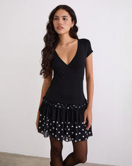 Navya Wrap Mini Dress in Polka Black and White