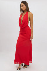 Red Cowl Neck Maxi Dress Chiffon
