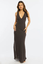 Brown Polka Dot Maxi Dress V-neck Chiffon