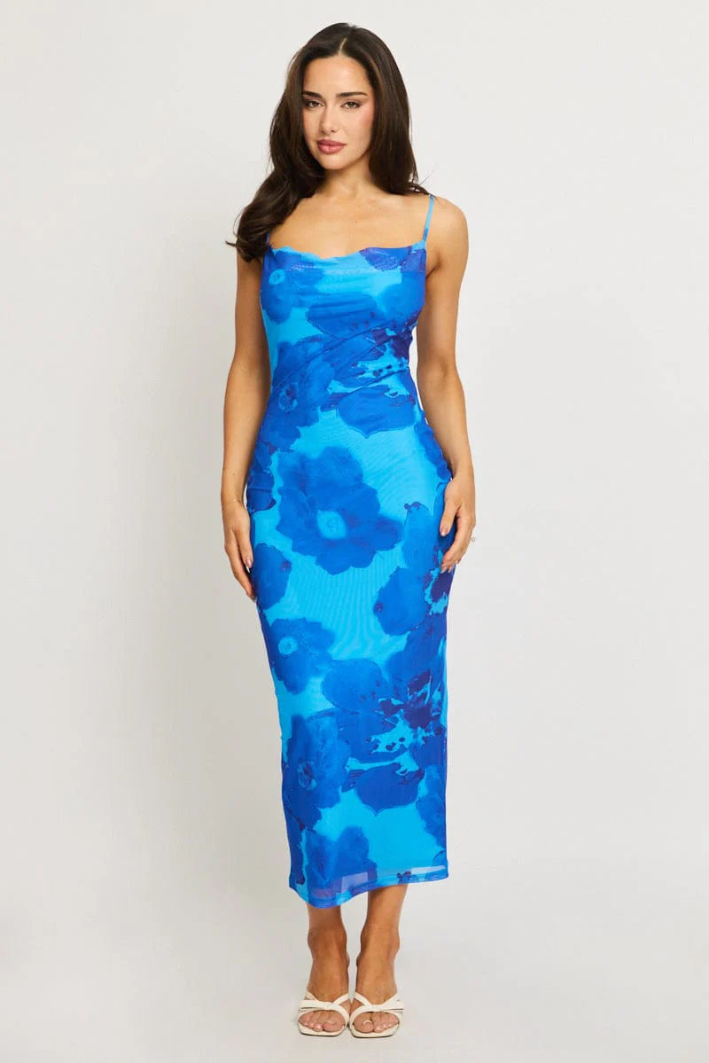 Blue Floral Bodycon Dress Cowl Neck Maxi